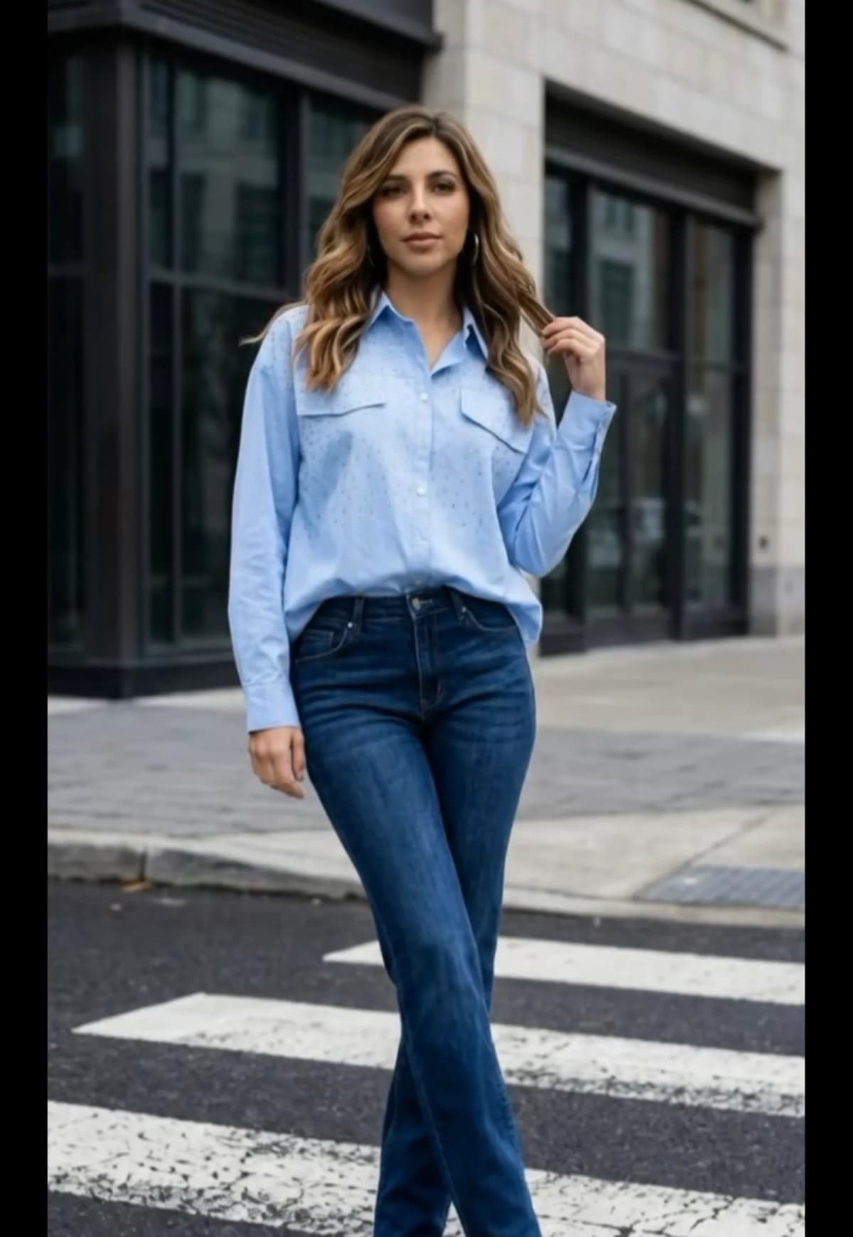 Chemise en coton bleu, de face