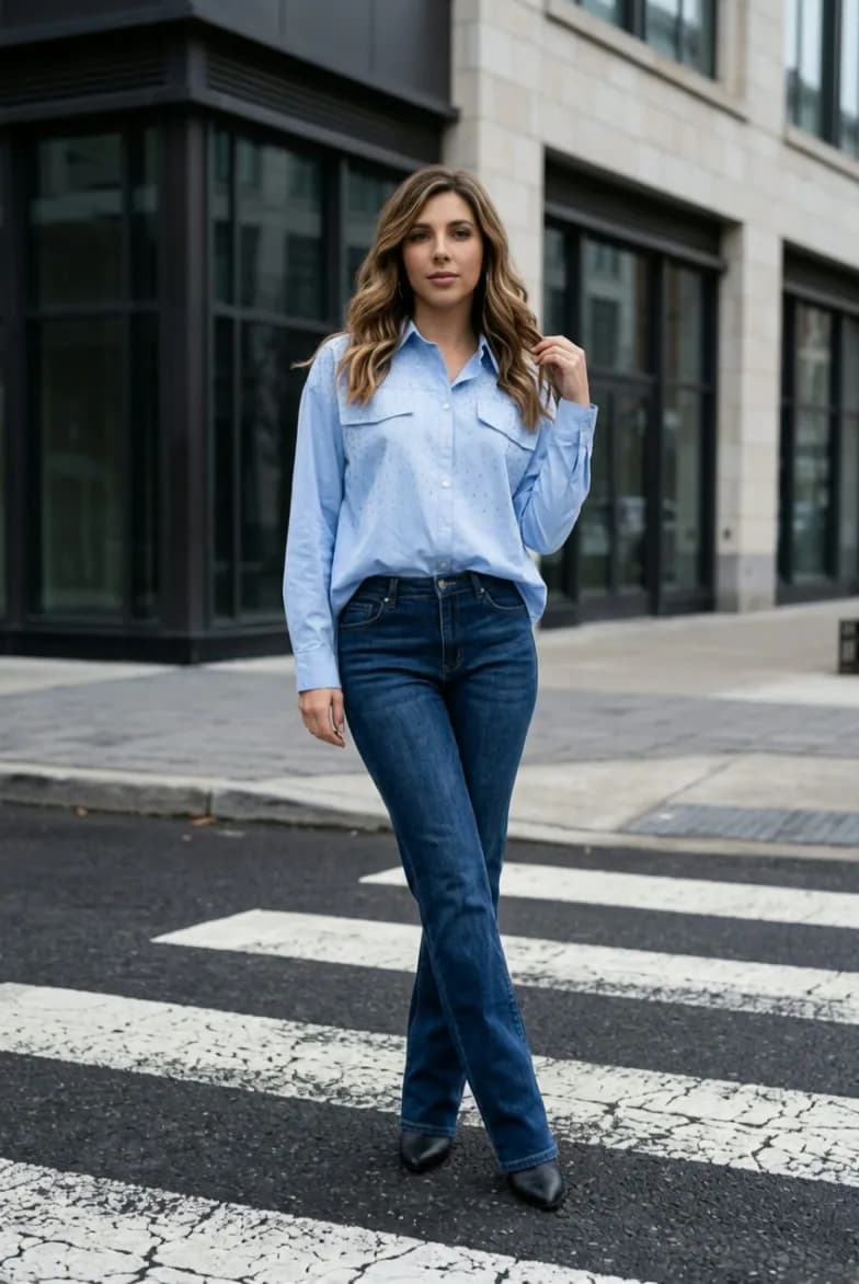 Chemise en coton bleu, de profil