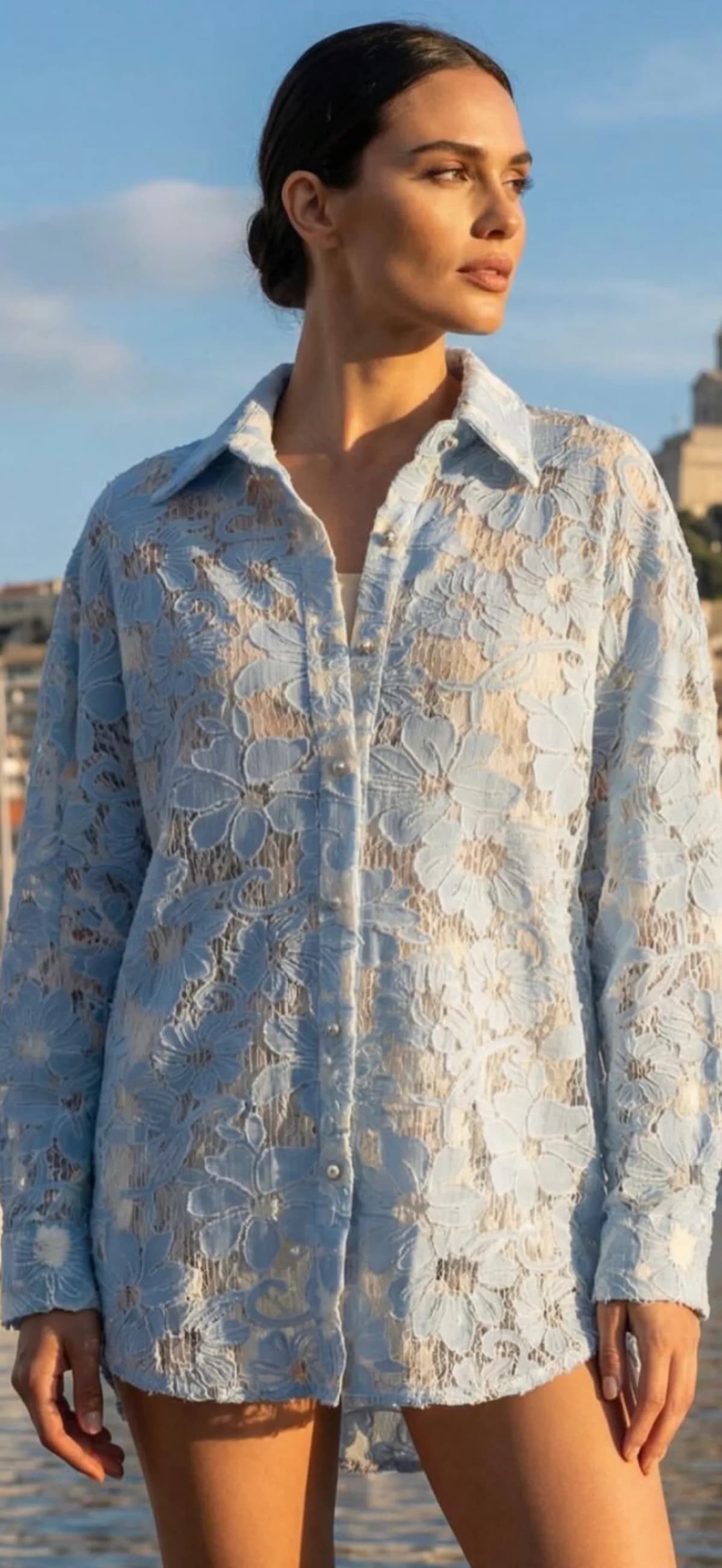 Chemise MYKONOS en coton bleu, détail des finitions