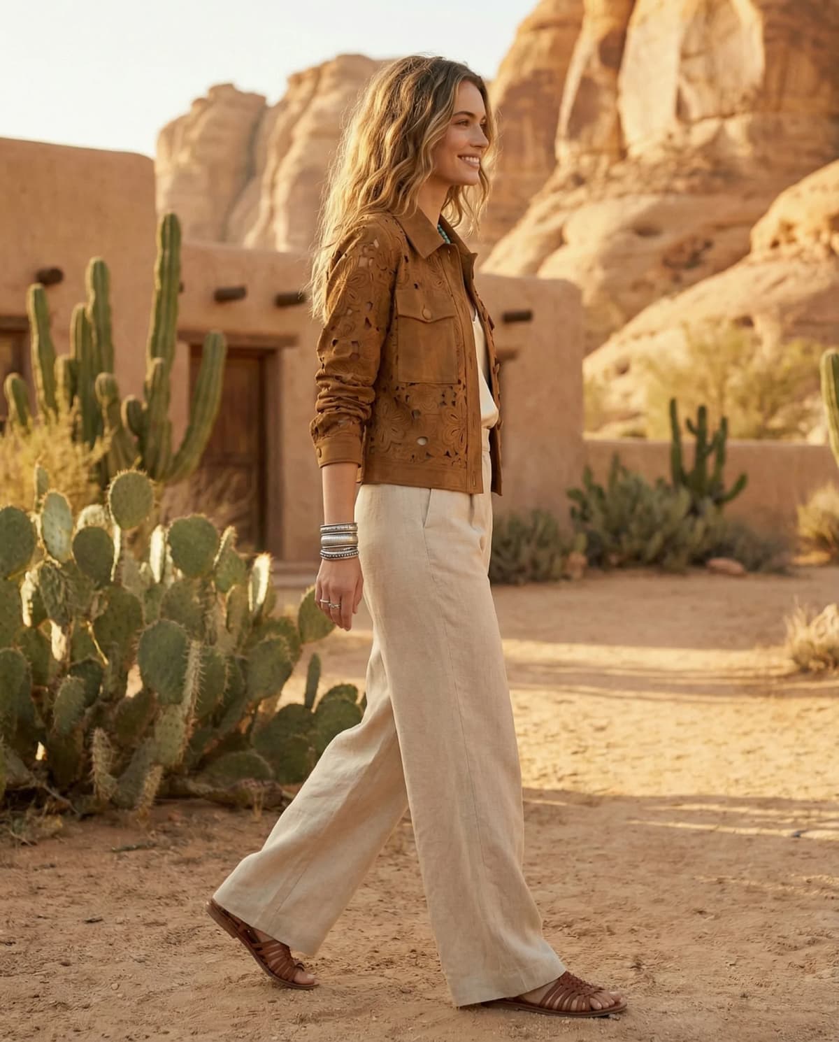 Veste ZELDA en polyester camel, de profil