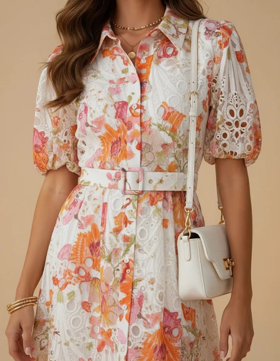 Robe courte orange fleurie, manches ballon, vue 2