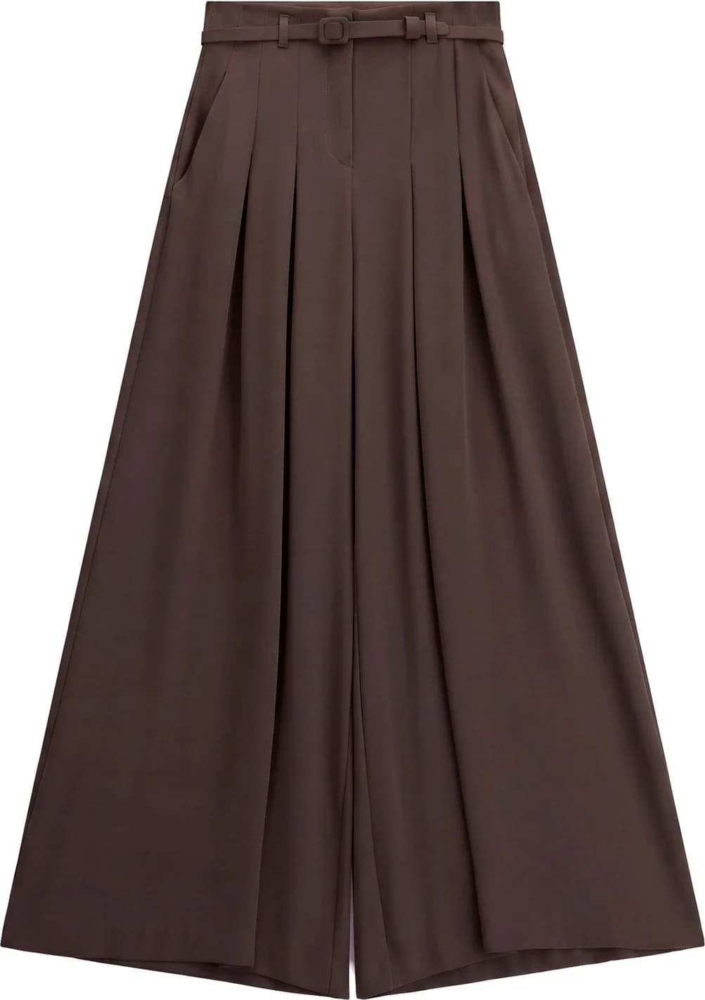 Pantalon palazzo brun café à pinces et ceinture