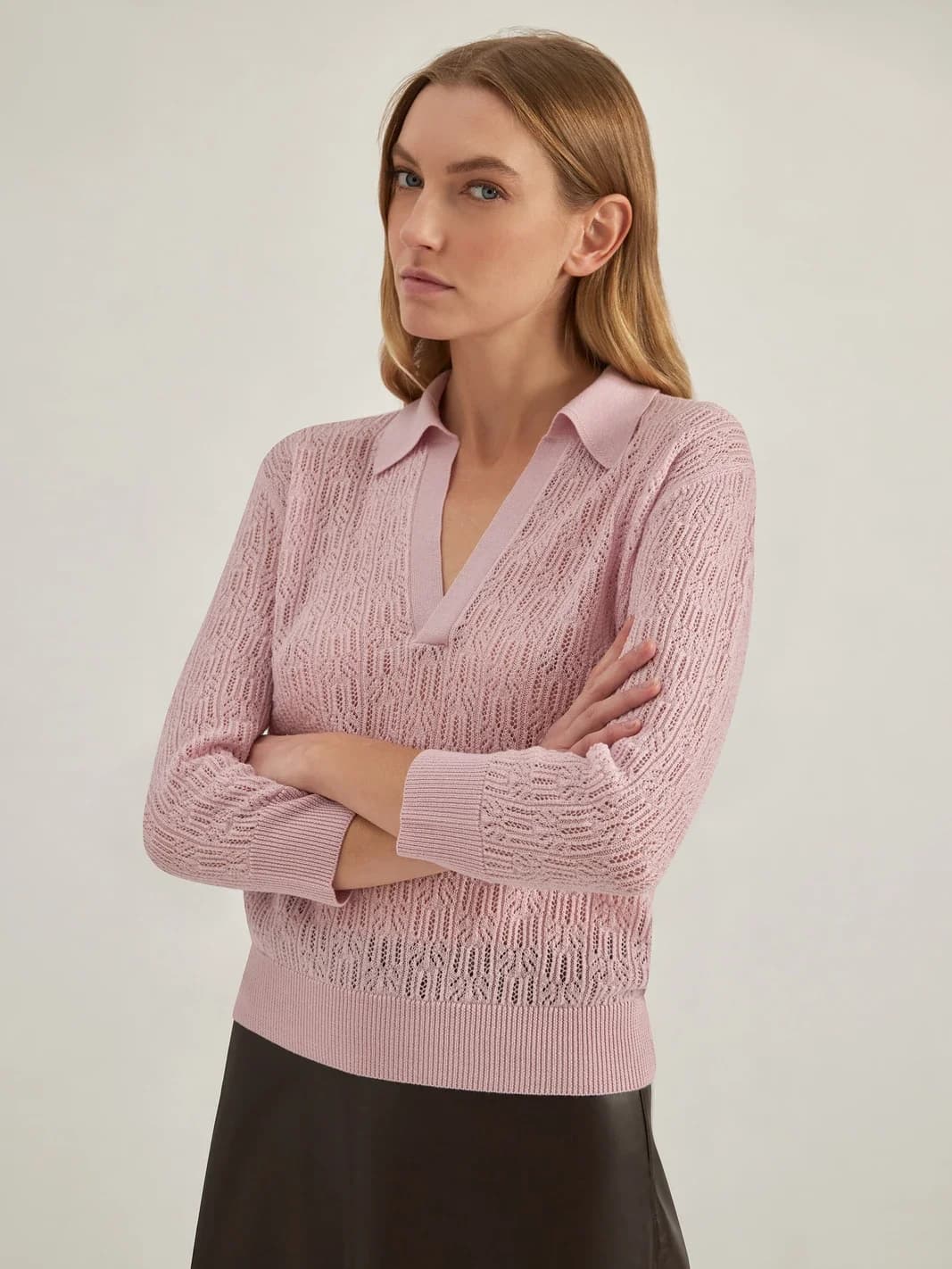 Polo en laine mérinos, col chemise et maille ajourée, vue 2