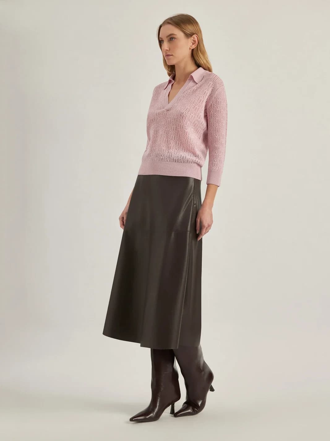 Polo en laine mérinos, col chemise et maille ajourée, vue 3