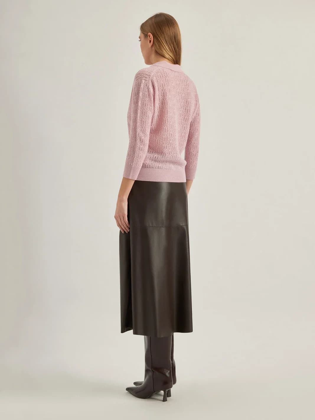 Polo en laine mérinos, col chemise et maille ajourée, vue 4