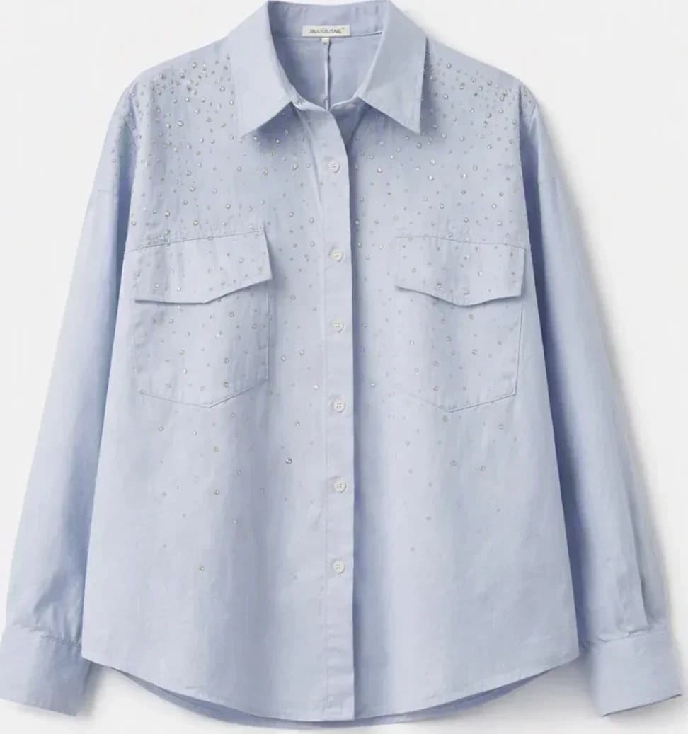 Chemise bleu ciel en coton, à strass, vue 4