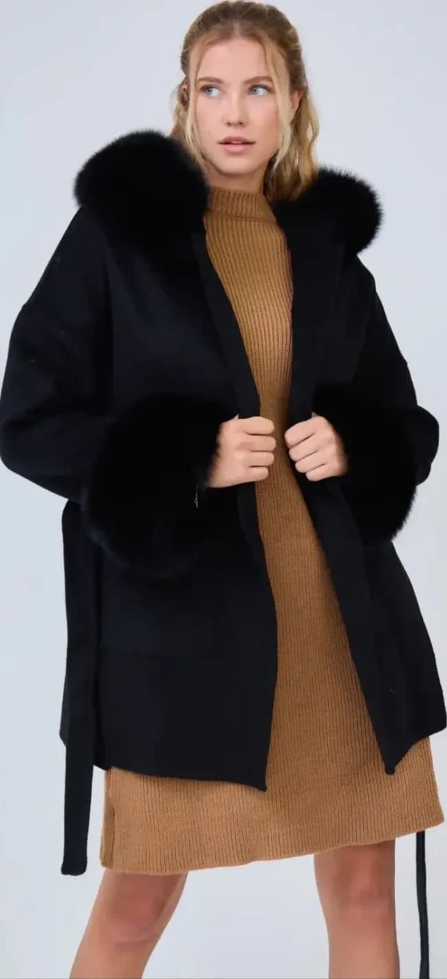 Manteau anthracite ceinturé, col fourrure, vue 2