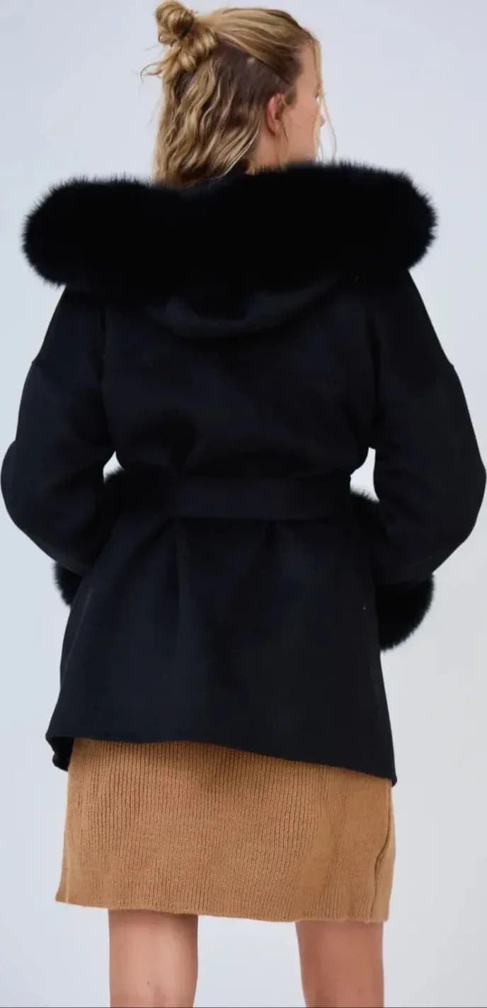 Manteau anthracite ceinturé, col fourrure, vue 4