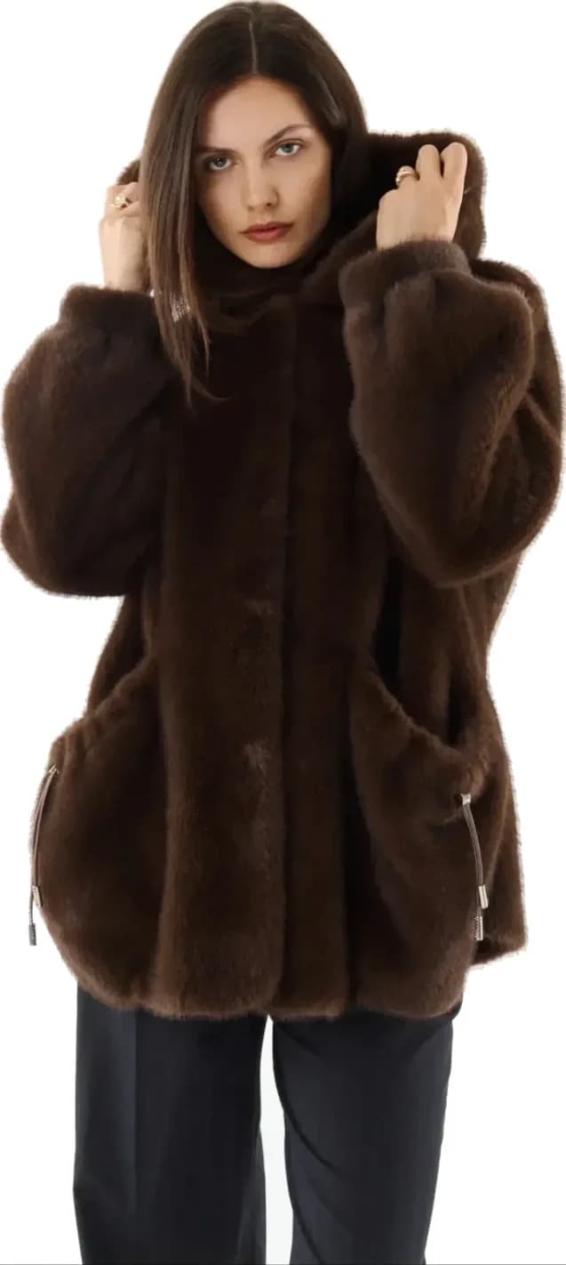 Manteau marron à capuche, fausse fourrure, vue 4