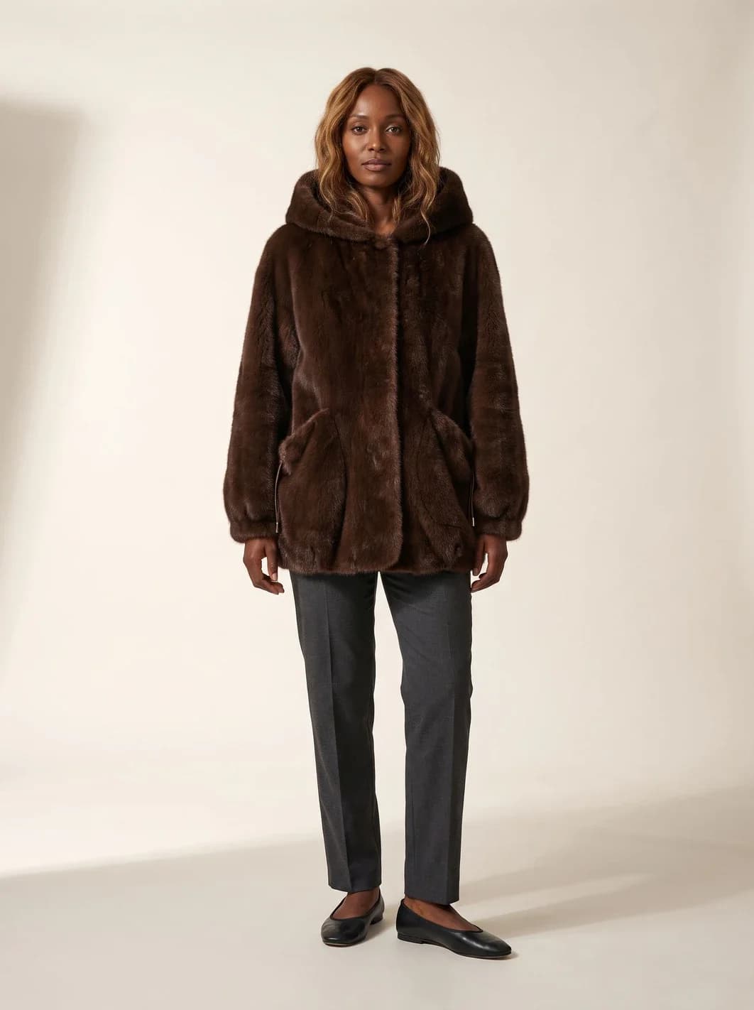 Manteau marron à capuche, fausse fourrure, vue 7