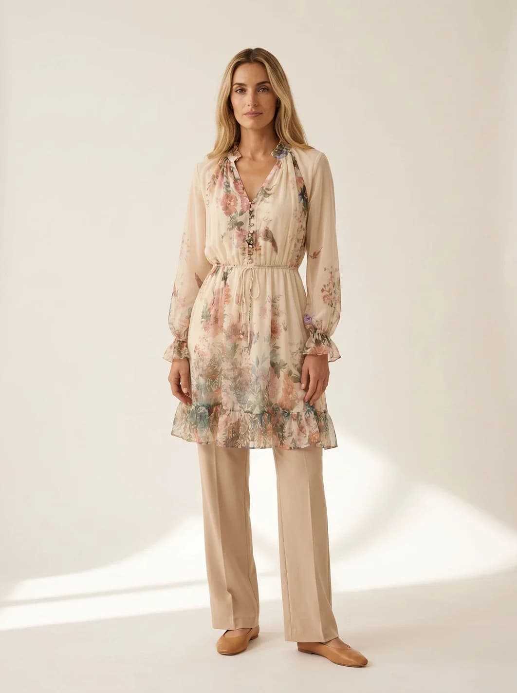 Robe courte beige fleurie, manches longues, vue 9