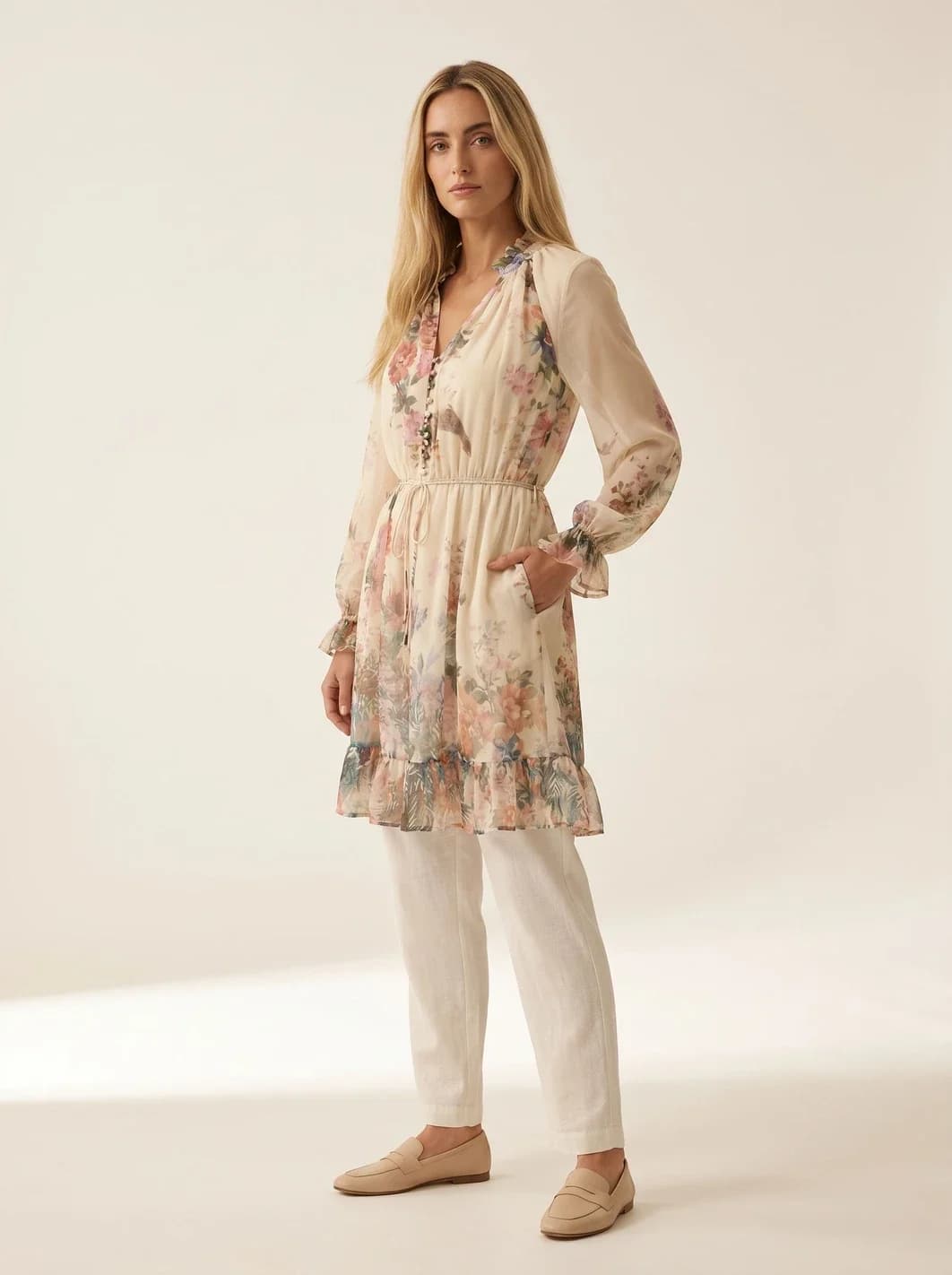 Robe courte beige fleurie, manches longues, vue 3