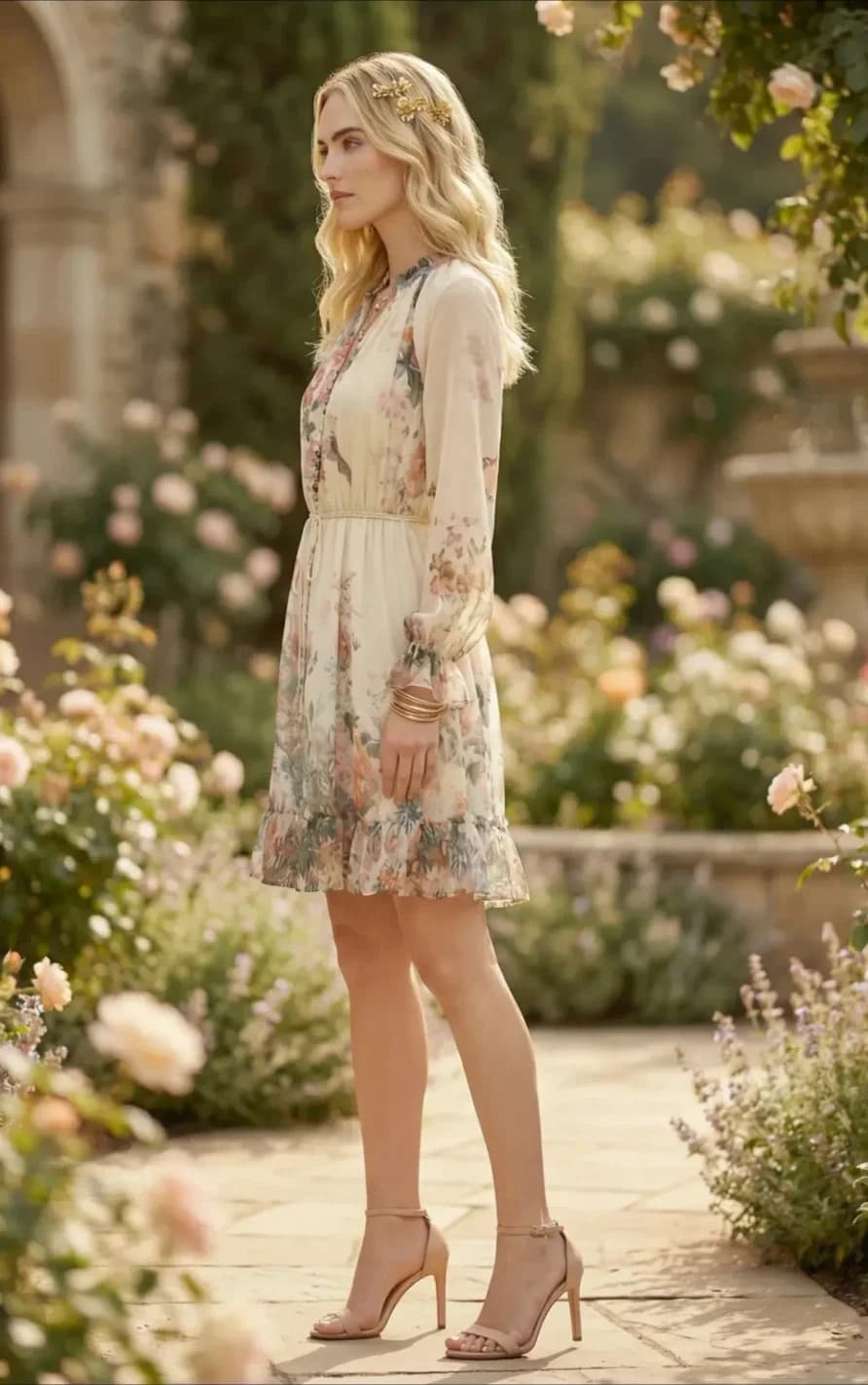 Robe courte beige fleurie, manches longues, vue 6