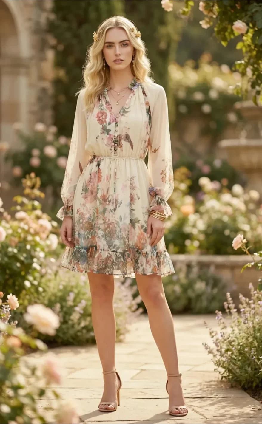 Robe courte beige fleurie, manches longues, vue 7