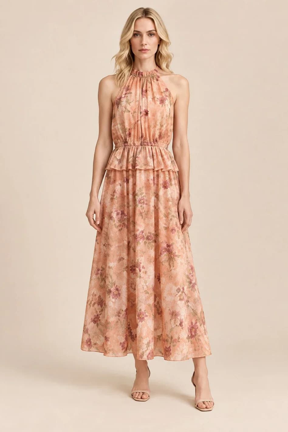 Robe longue orange fleurie, col licou, vue 2