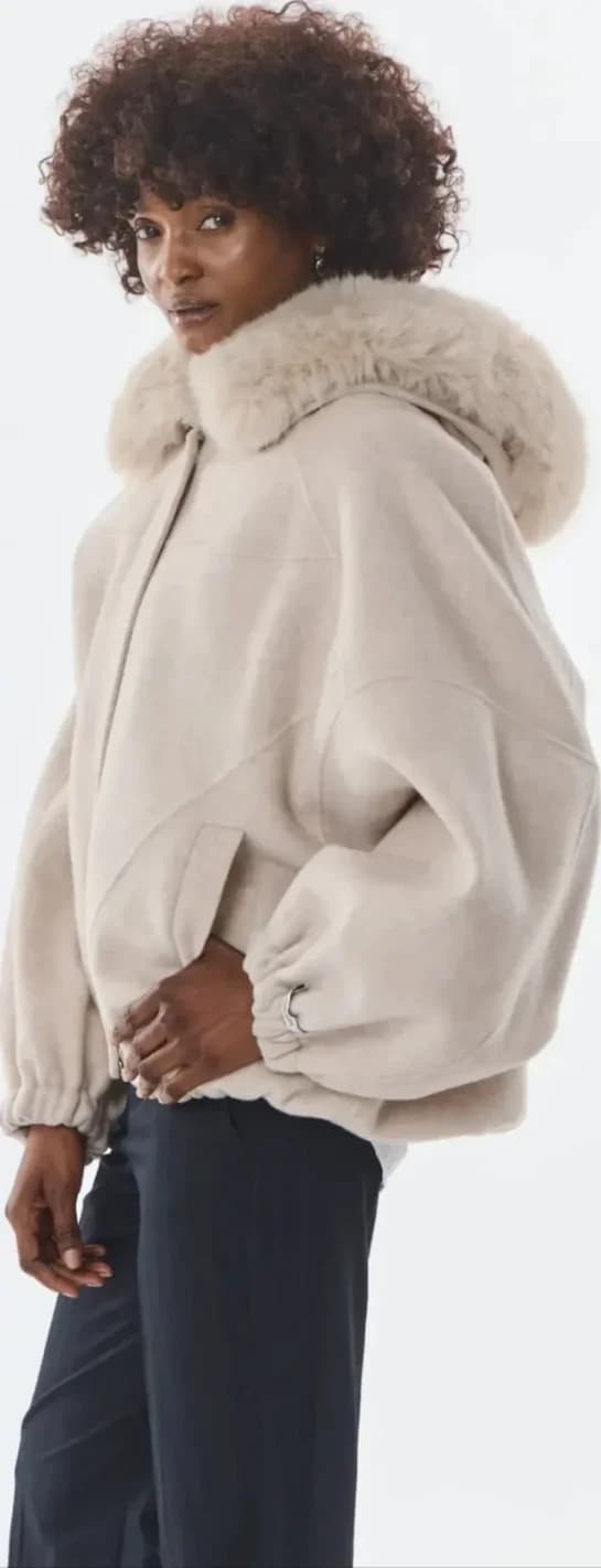 Veste beige à col fourrure, laine et cachemire, vue 4