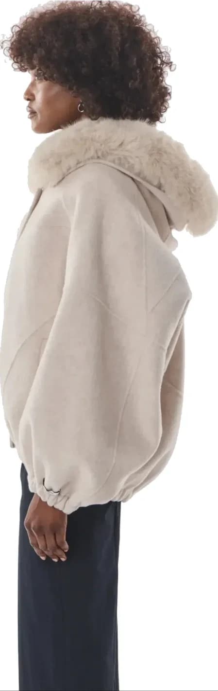 Veste beige à col fourrure, laine et cachemire, vue 5