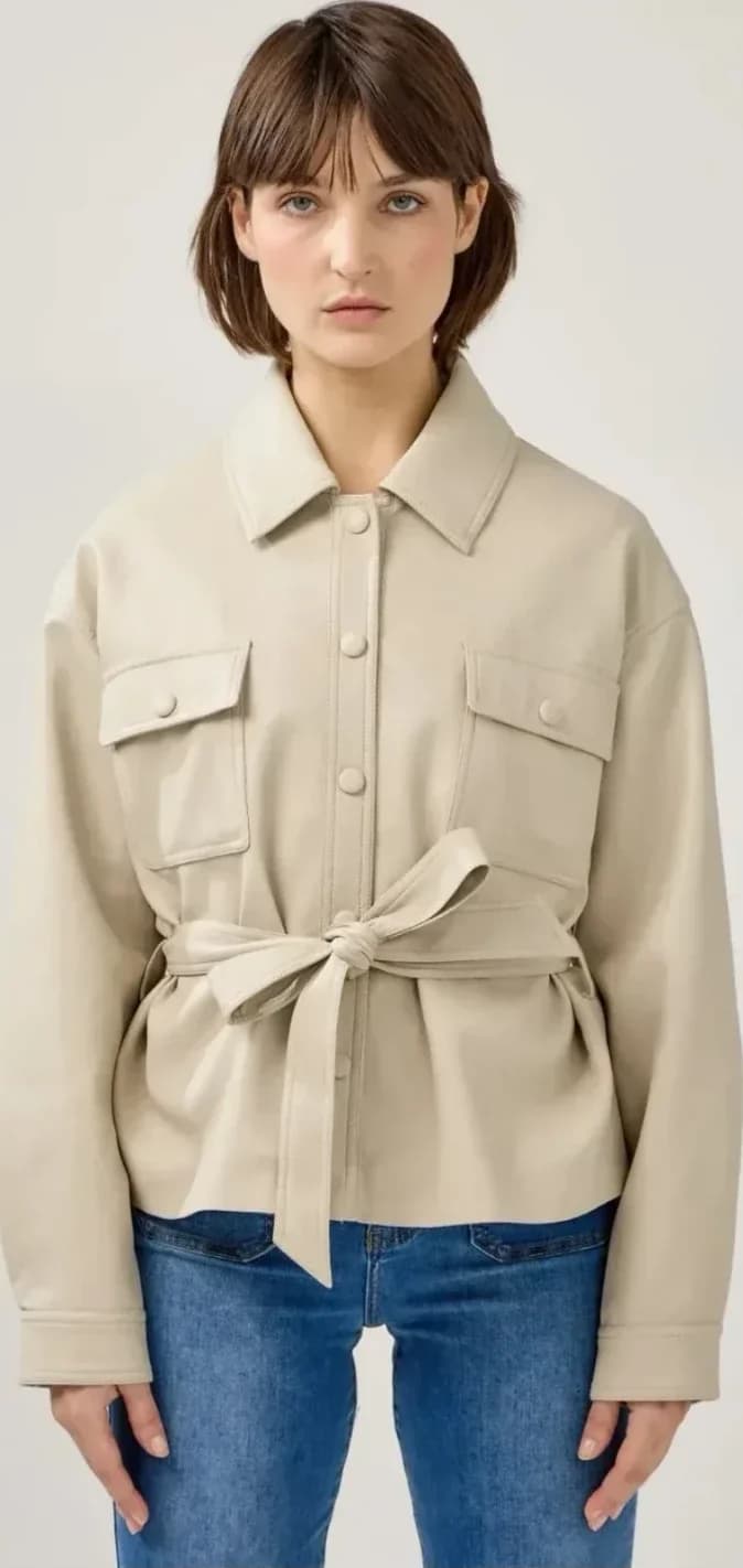 Veste ceinturée beige en similicuir, vue 9