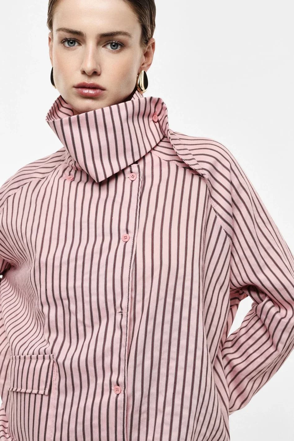 Chemise rose à rayures, col polo et poche plaquée, vue 2