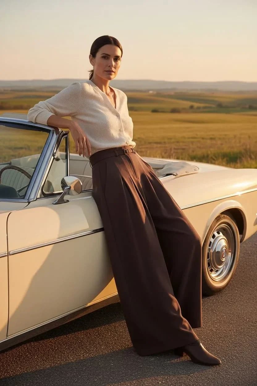 Pantalon palazzo brun café à pinces et ceinture, vue 4
