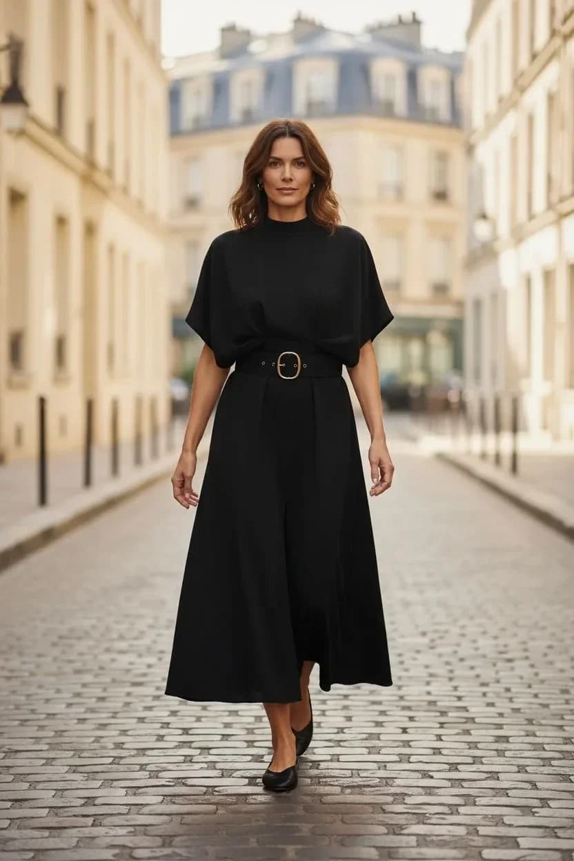Robe longue noire à manches amples et ceinture, vue 3