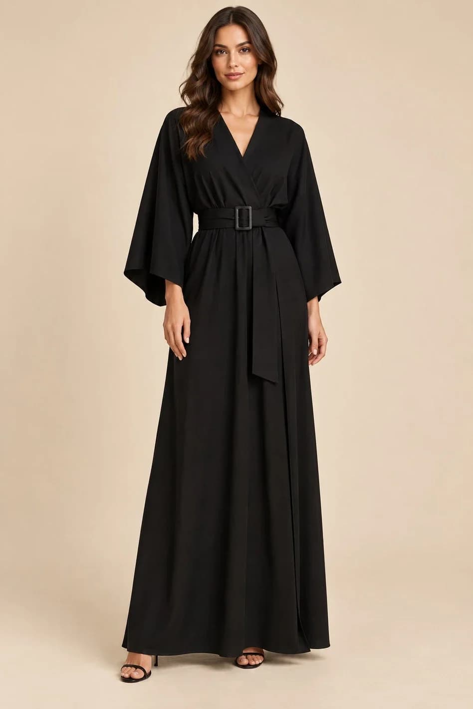 Robe longue noire à manches amples et ceinture, vue 2