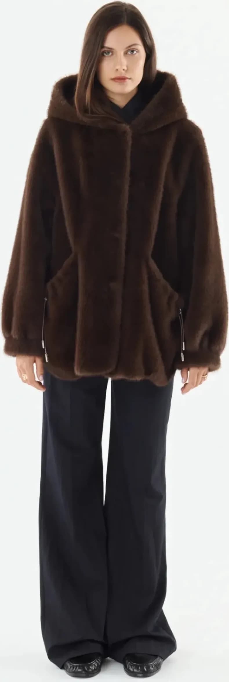 Manteau marron à capuche, fausse fourrure, vue 2