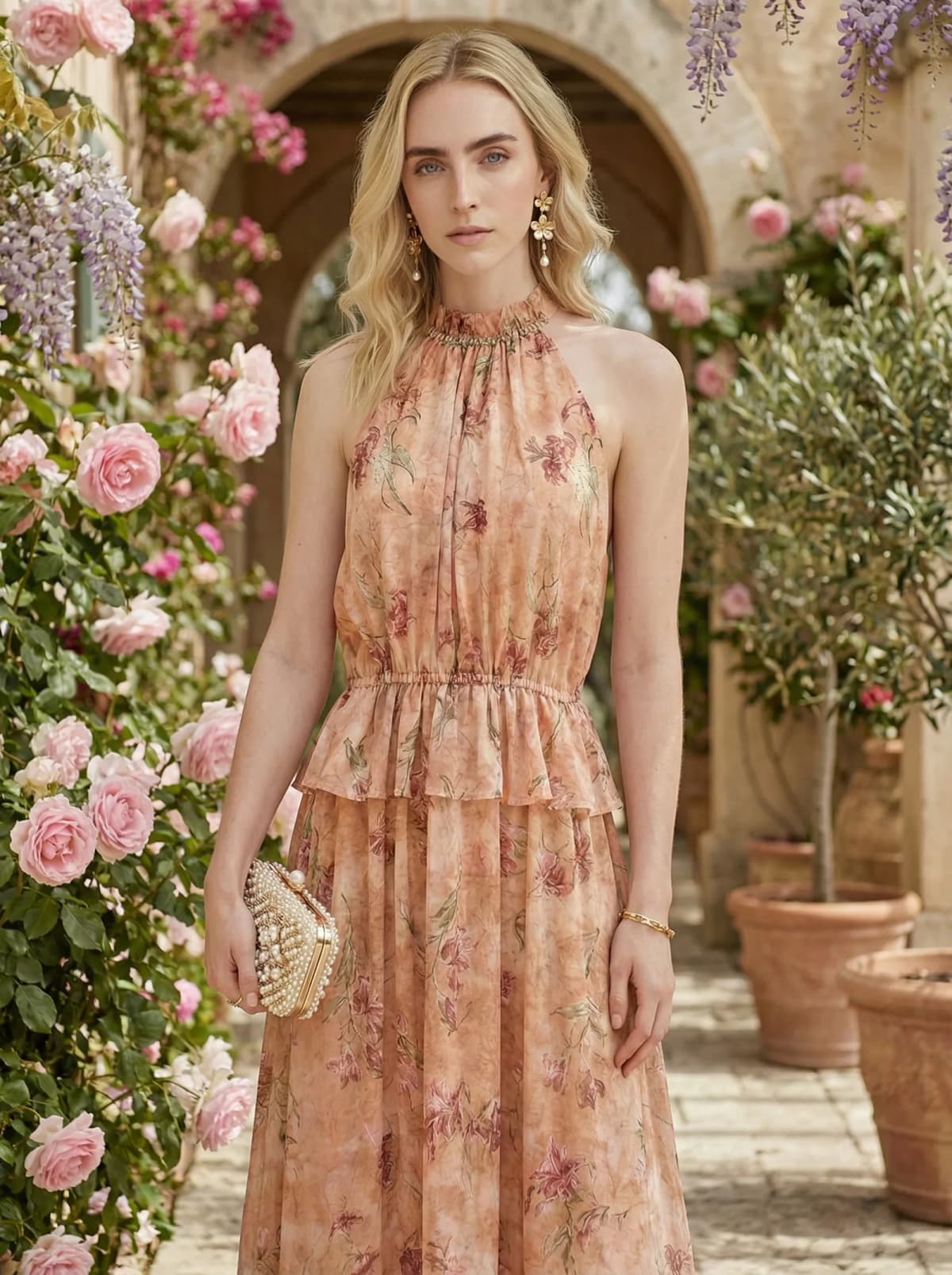 Robe longue orange fleurie, col licou, vue 4