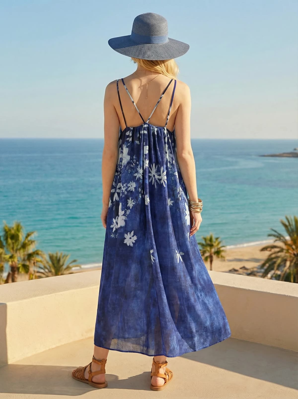 Robe longue bleu marine, fleurie, sans manches, vue 6