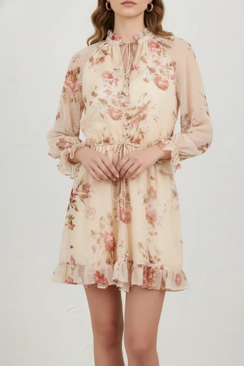 Robe courte fleurie en mousseline, volants, vue 3
