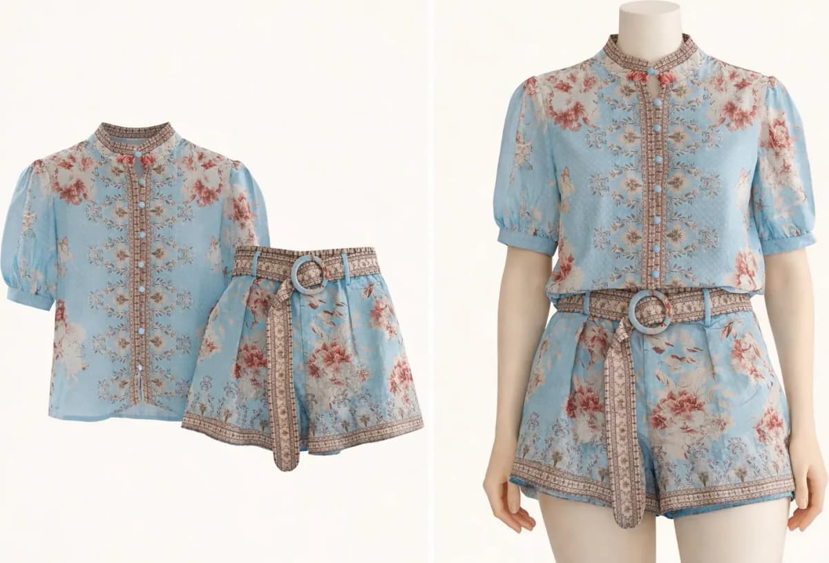 Short fluide bleu ciel, taille haute, fleuri, vue 5
