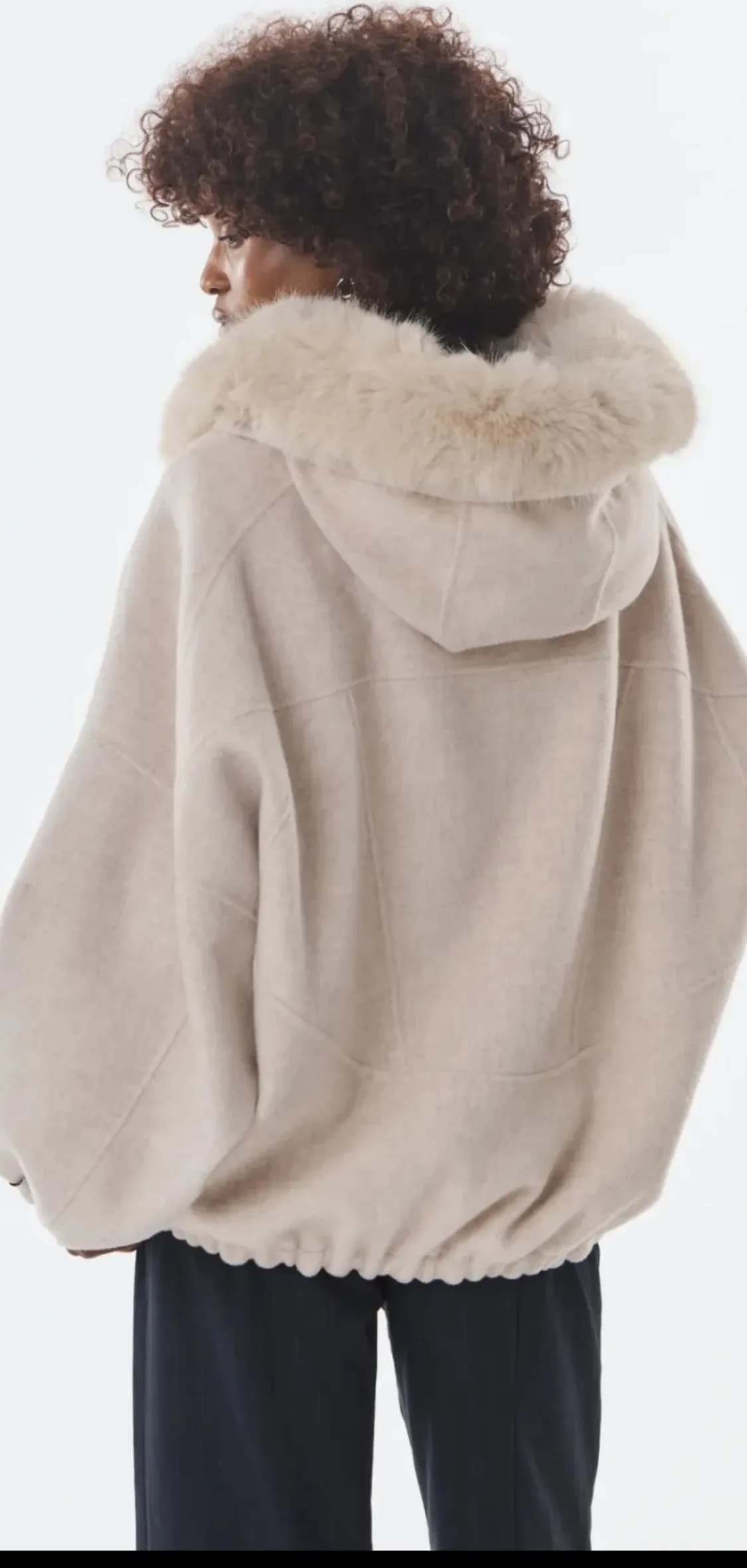 Veste beige à col fourrure, laine et cachemire, vue 6